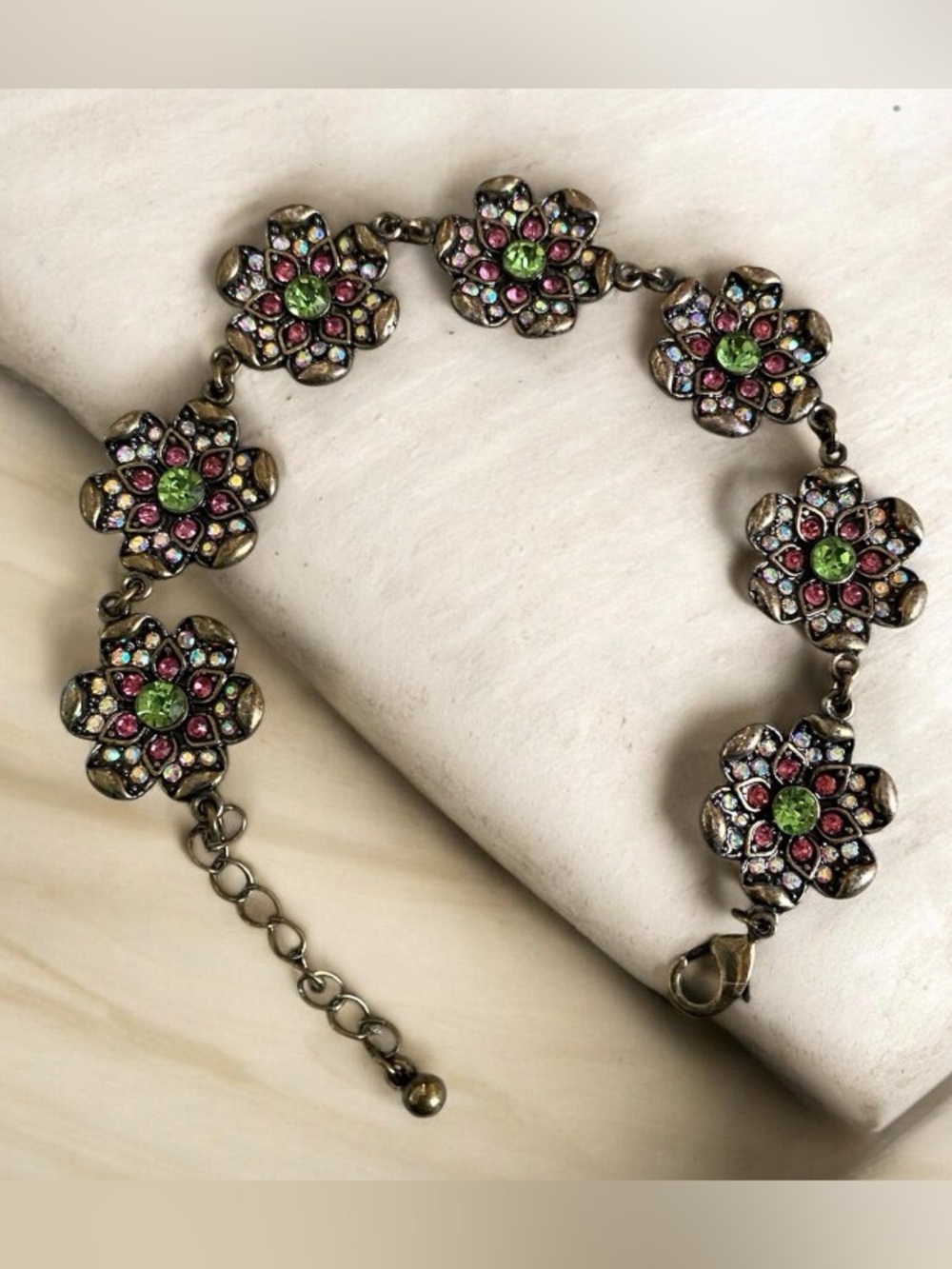 Multicolor rhinestones antique goldtone flower link bracelet